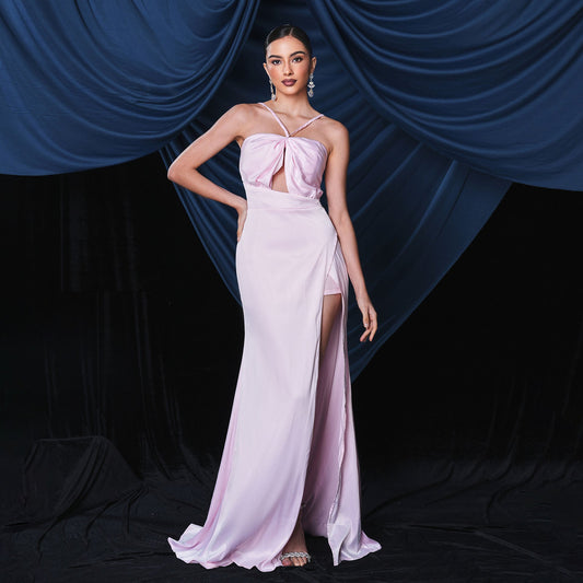 Sleeveless Elegant off-Neck Halter Long Slit Cocktail Evening Dress Bridesmaid Dress