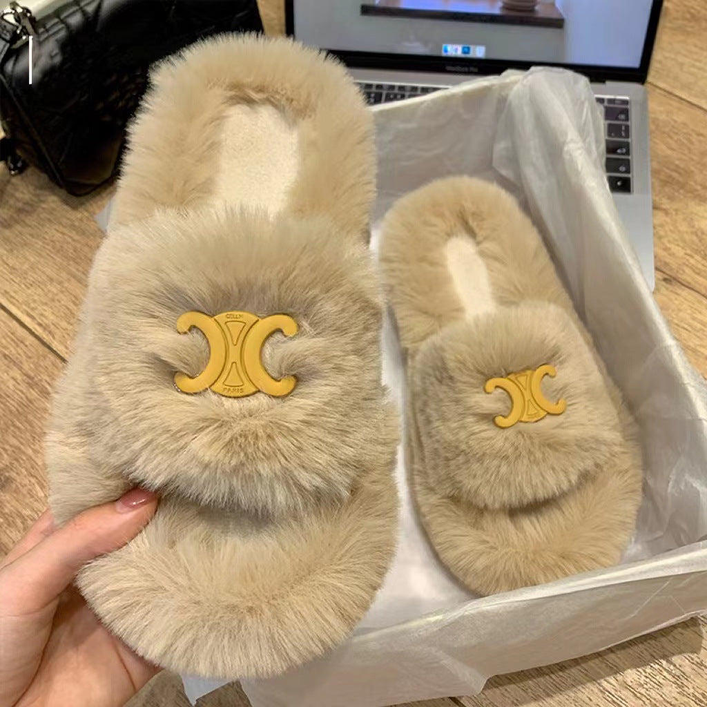 Trendy Fluffy Slippers Women 2024 New Metal Buckle Slide Spring Autumn Home Cotton Outdoor Shoes