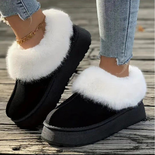 Furry Slippers Women Outdoor Sheepskin Closed Toe Snow Boots 2024 New Slip-On Warm Plus Size Shoes