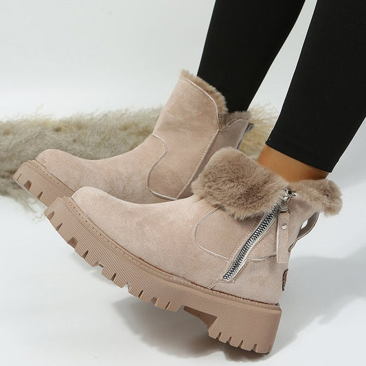 Short Thick Sole Round Toe Snow Boots Women Vintage Furry Thick Warm Cotton Shoes