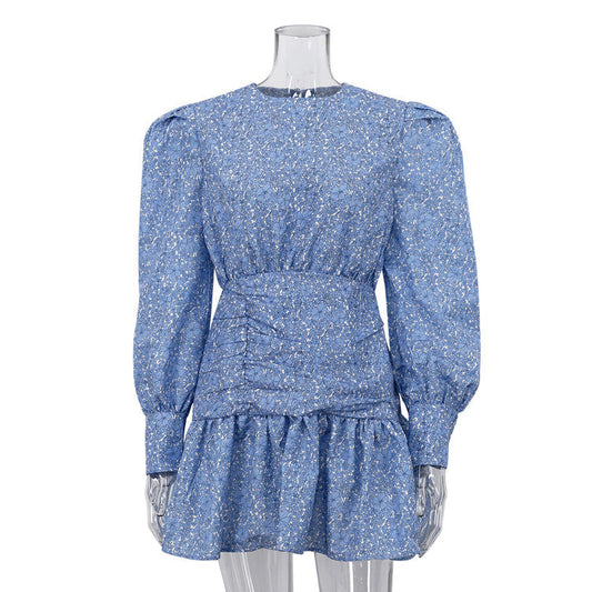 Printed Floral Dress Long Sleeve Cinched Pleated Casual Dress