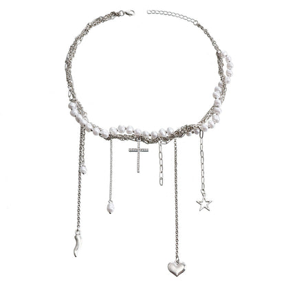 Unique Faux Pearl Star Tassel Necklace