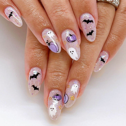 Halloween Cute Round Ghost Pumpkin Bat False Press on Nail