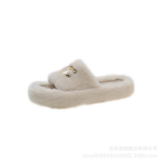 Korean Autumn Winter Fluffy Slippers Women 2024 New High-End Fairy Gentle Style Shoes