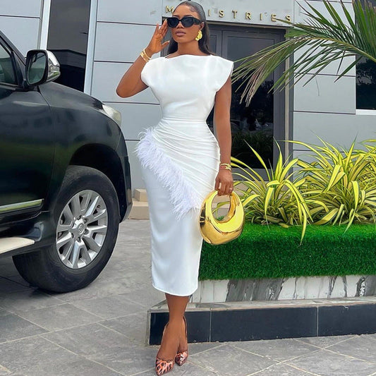 Short Sleeve Solid Color Pleating Frayed Hem Slim Fit Mid Length Dress