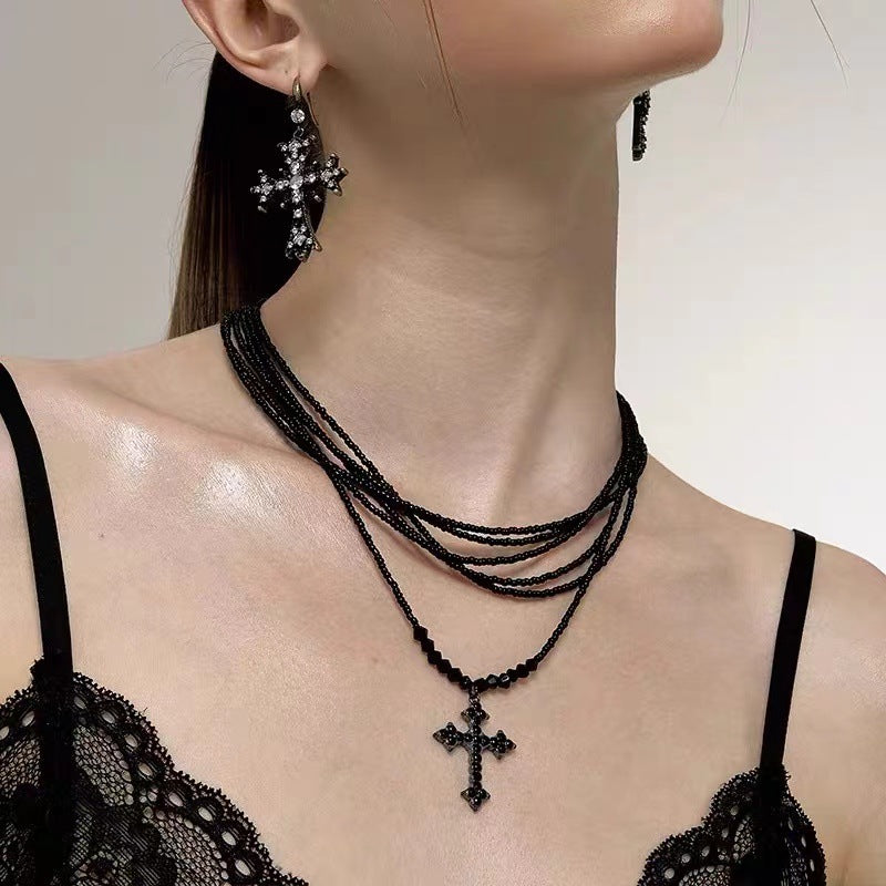 Retro Cross Layered Beaded Sweet Cool Punk Necklace