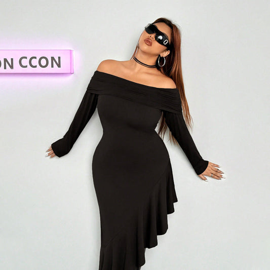 Elegant Dress  Boat Collar Wooden Ear Midi Dress