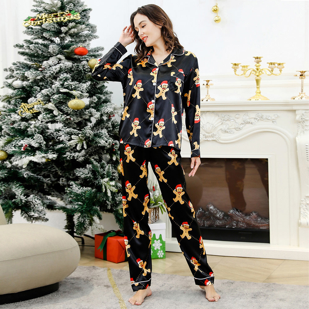 Christmas Set Pajamas Women Spring Color Satin Faux Silk Long Sleeve Loose Homewear Set Foreign Trade Suit