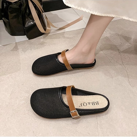 French Buckle Shoes Women 2024 New Borken Slide Buckle Packable Half Slippers Slip-On Breathable Trendy Shoes