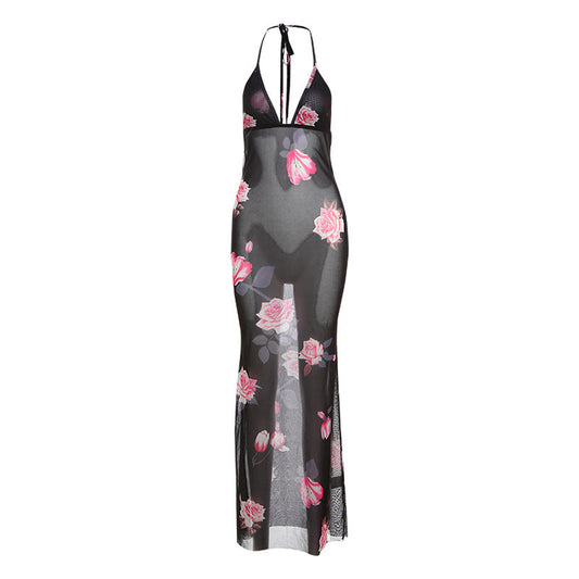 V Neck Backless Personalized Stylish Print Halter Lace Up Dress