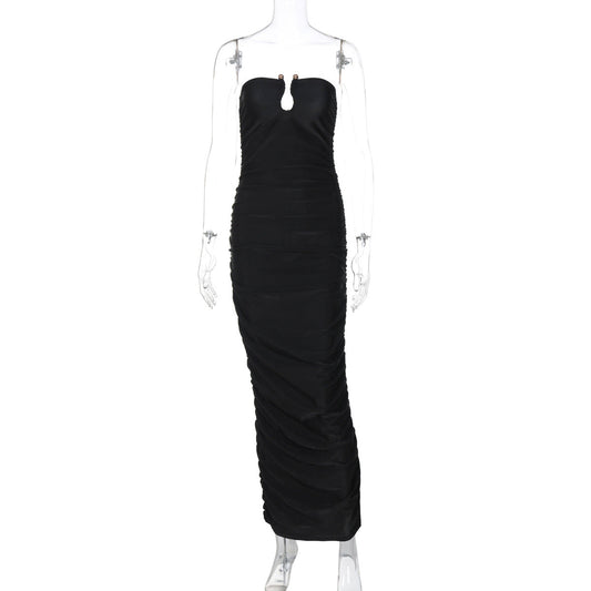 V neck Back Slim Pleated Solid Color Dress