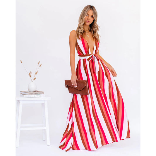 Strap Deep V Plunge Striped Casual Dress Home Loose Lace up Large Swing