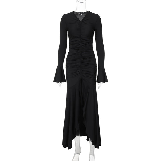 V Neck Pleated Slim Fit Flared Sleeves Maxi