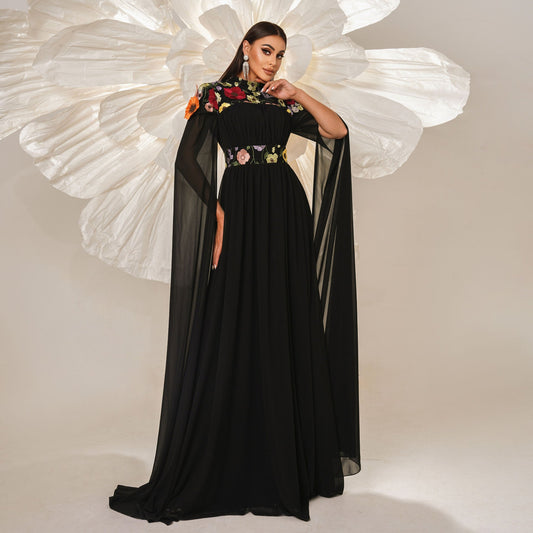 High End Turtleneck Long Cocktail Embroidered Evening Dress Bridesmaid Dress Waist Controlled Large Hem