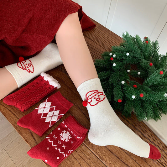 Red Argyle Snowflake Seamless Rabbit Fleece Mid Calf Christmas Socks