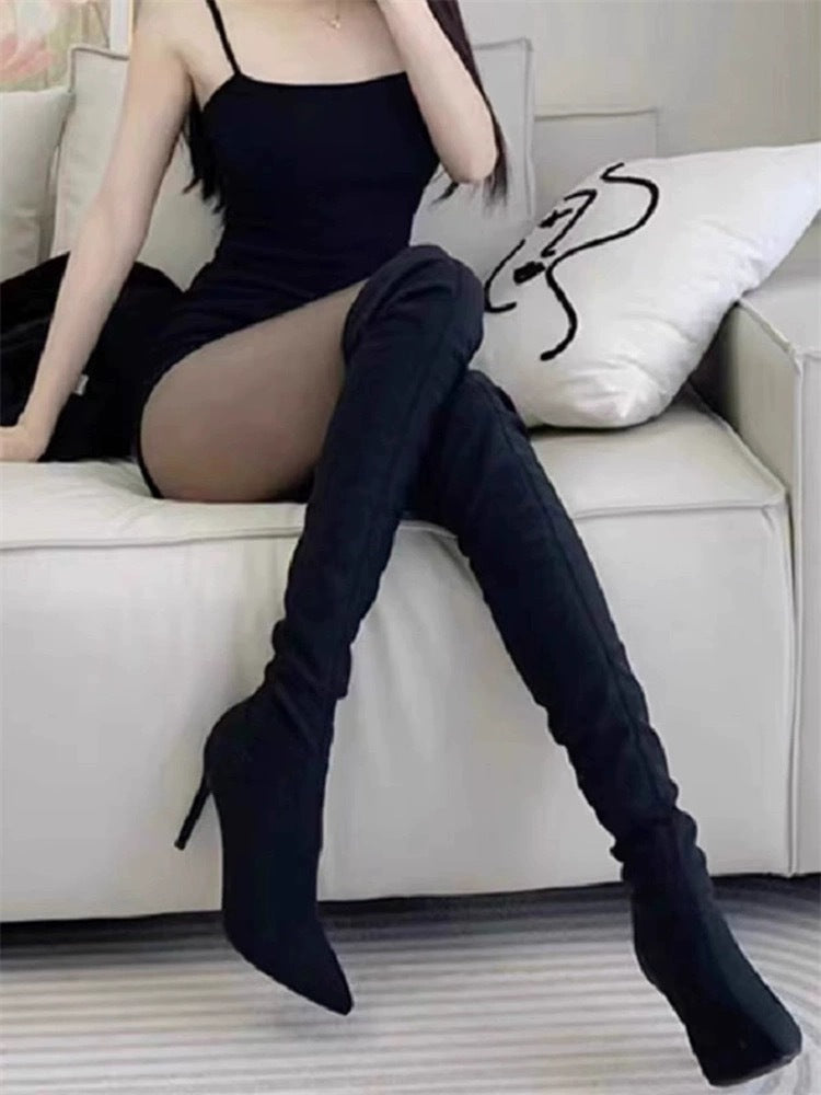 Over-the-Knee Long Boots 2024 Autumn Winter New Stiletto Pointed High Heel Slim Shoes