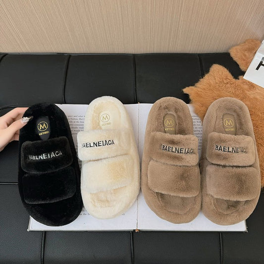 Fluffy Slippers Women Outdoor 2024 New Autumn High-End Furry Thick Sole Shoes