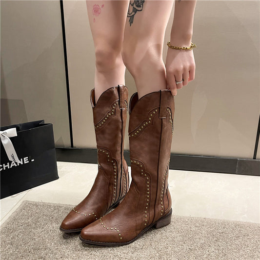 2024 New Vintage Rivet Western Cowboy Versatile High Knee-Length Chunky Heel Shoes