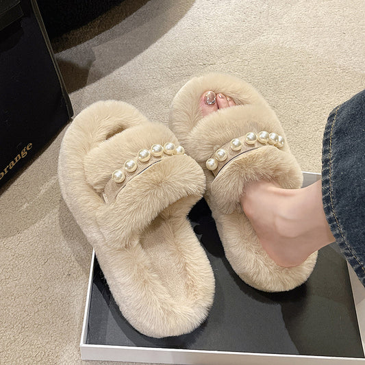 Pearl Fluffy Slippers Women 2024 Spring Autumn Winter New Thick Sole Popular Furry Indoor Shoes