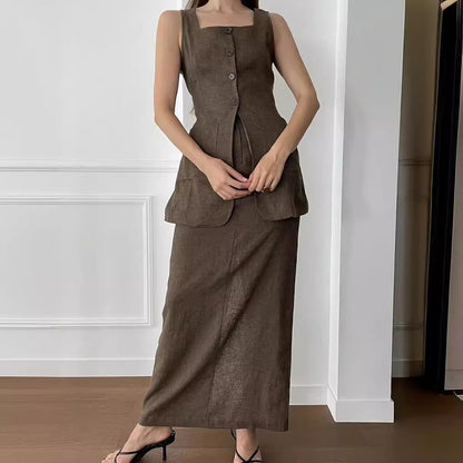 Fashion Simple Summer Professional Women’s Commuter Cotton Pocket Vest Long Skirt Two-Piece Set Suit