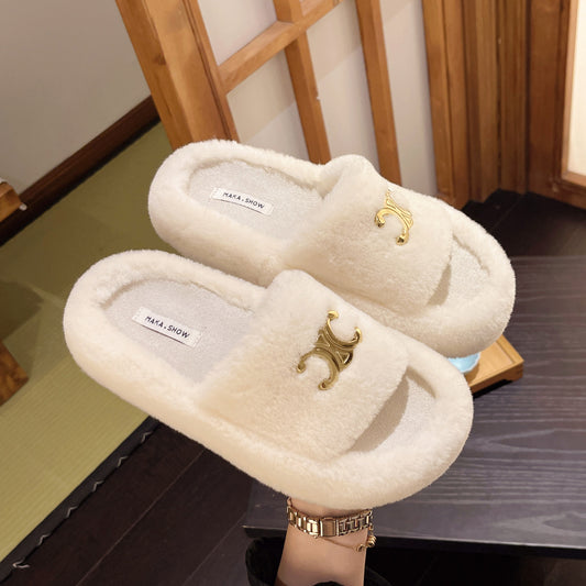 Korean Autumn Winter Fluffy Slippers Women 2024 New High-End Fairy Gentle Style Shoes