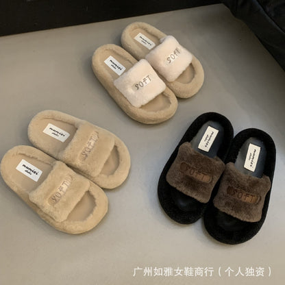 Thick Sole Fluffy Slippers Women 2024 New Autumn Winter High-End Outdoor Furry Shoes