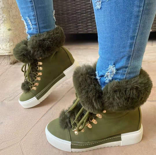 Winter Short Long Fur Leather Snow Boots Women Plus Size Furry Thick Martin Cotton Shoes