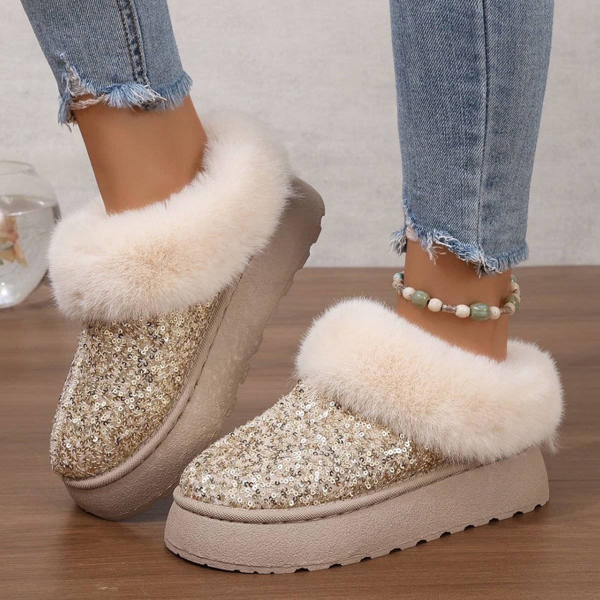 2024 Autumn Winter Plus Size Thick Sole Fur Women Snow Boots Sequin Surface Style Shoes