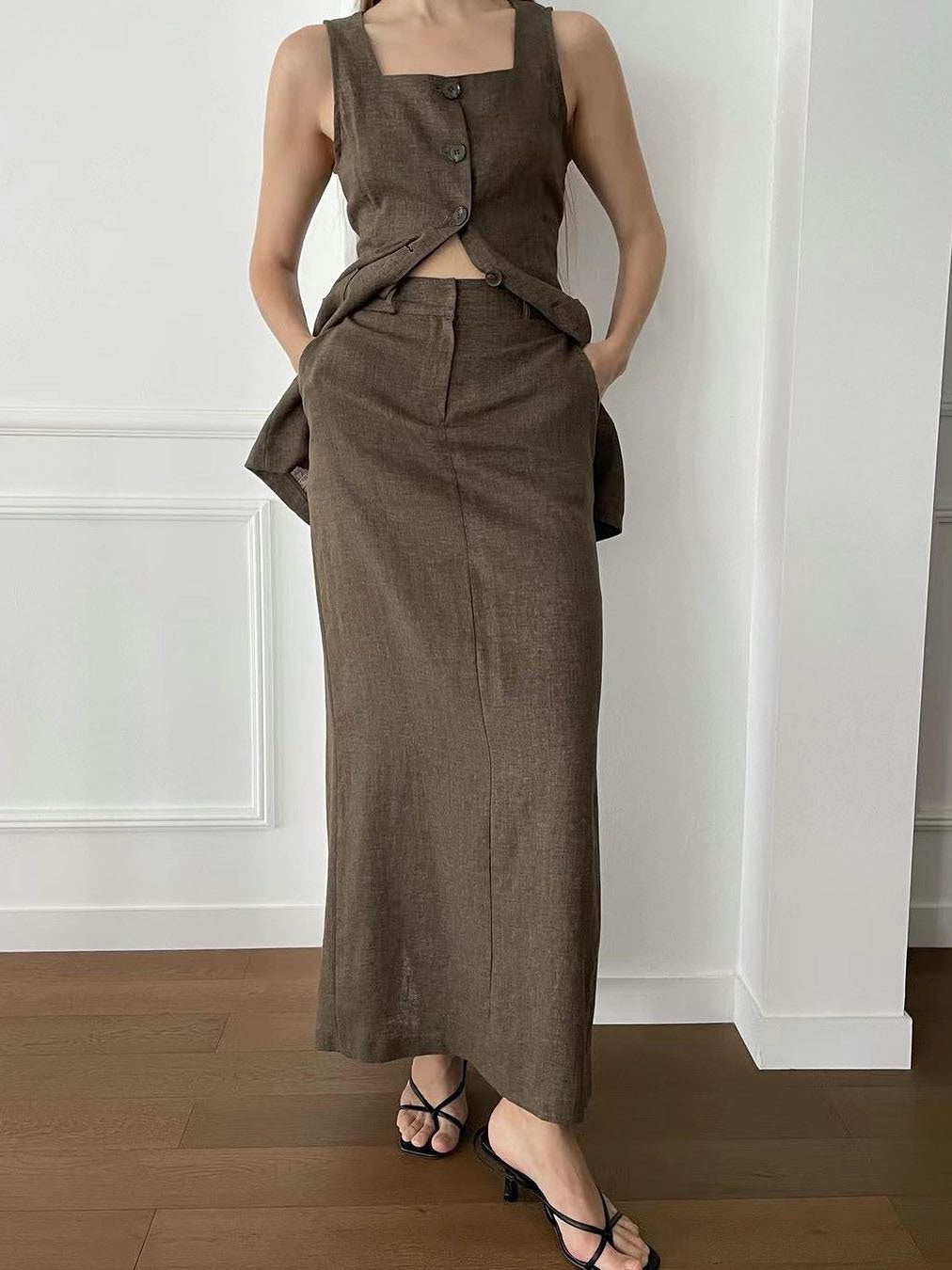 Fashion Simple Summer Professional Women’s Commuter Cotton Pocket Vest Long Skirt Two-Piece Set Suit