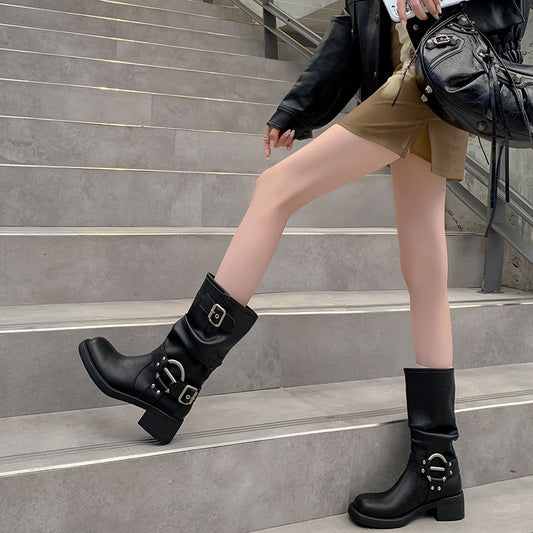 Western Belt Slouchy Mid-Calf Long Boots Women High Knee Knight Martin Shoes