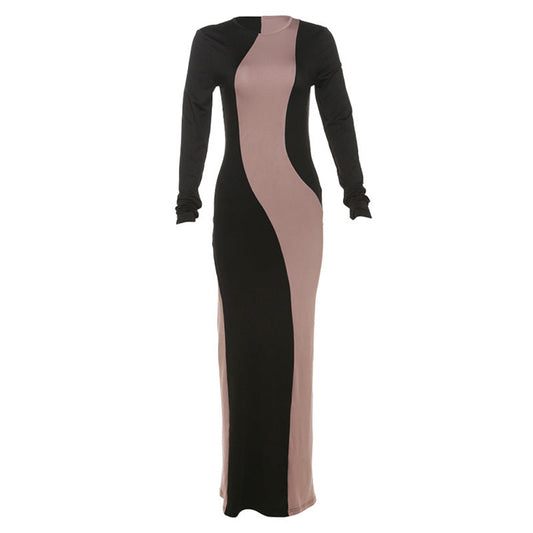 Slim Fit Long Sheath Color Matching Long Sleeve Dress Dress