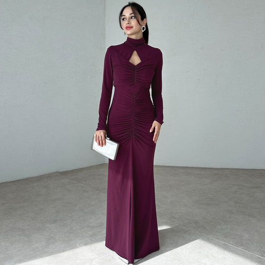 High Collar Hollow Out Cutout Slim Pleated Solid Color Long Sleeve