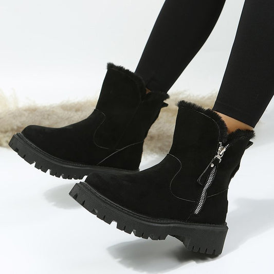 Short Thick Sole Round Toe Snow Boots Women Vintage Furry Thick Warm Cotton Shoes