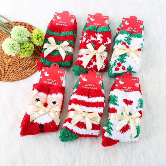 Coral Fleece Thick Bow Santa Tree Elk Christmas Socks