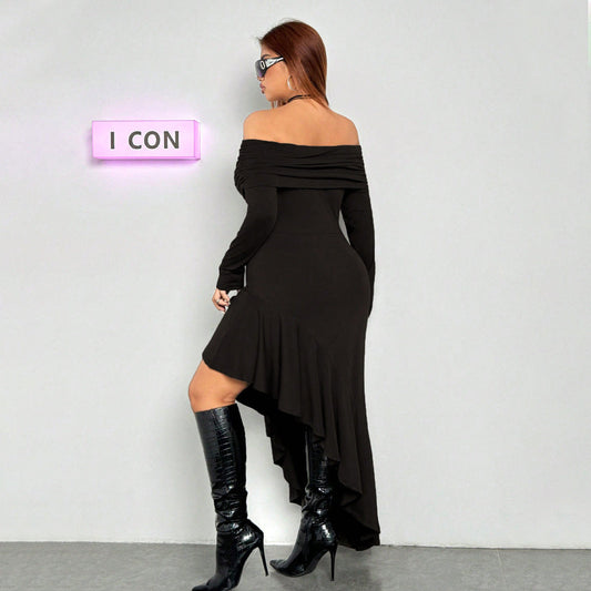 Elegant Dress  Boat Collar Wooden Ear Midi Dress