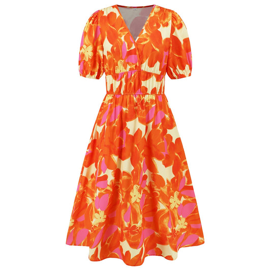 V Neck Bohemian Printed Dress A Line Dress