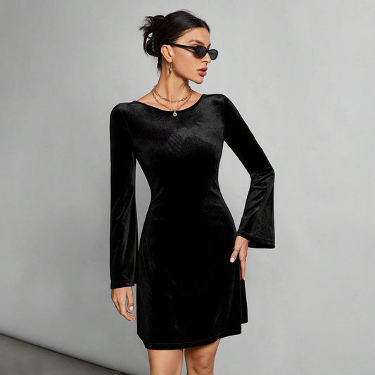 Simple Intellectual Dress  Backless Lace Up All Match Black Dress