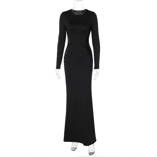 Long Sleeve Round Neck Maxi Dress Cutout Slim Fit Dress