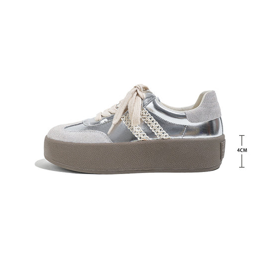 Silver Three-Stripe Cowhide Lace Thick Sole Height Increase Sporty Casual Shoes