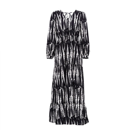 Pleating Layered Large Swing Dress Tie Dyed Printed V neck Backless Dress