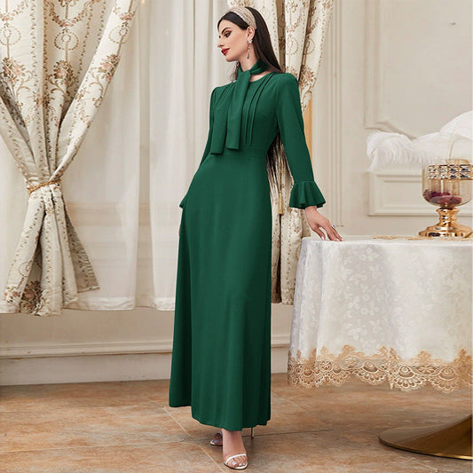 round Neck Long Sleeve High Waist Ruffles A line Dress Maxi Dress