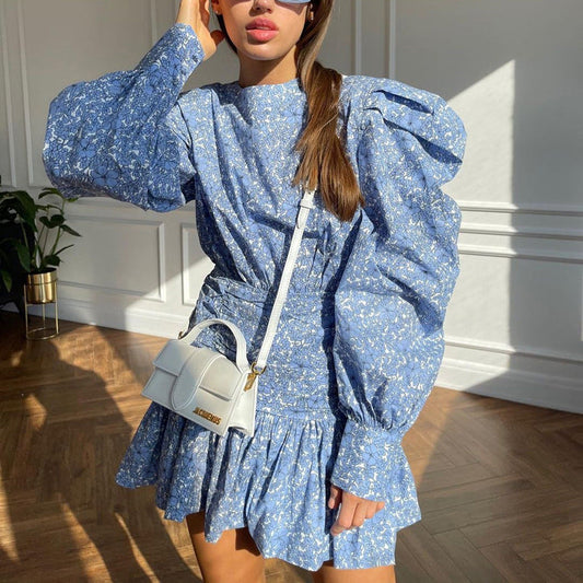 Printed Floral Dress Long Sleeve Cinched Pleated Casual Dress