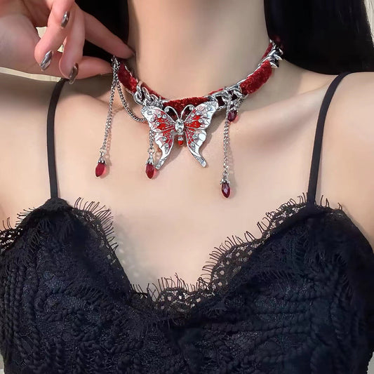 Red Butterfly Versatile Tassel Choker Necklace