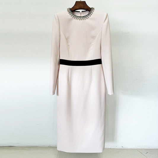 Socialite Simple Graceful Diamond Beaded Color Matching Long Sleeve Dress