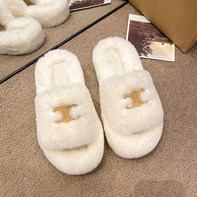 Trendy Fluffy Slippers Women 2024 New Metal Buckle Slide Spring Autumn Home Cotton Outdoor Shoes