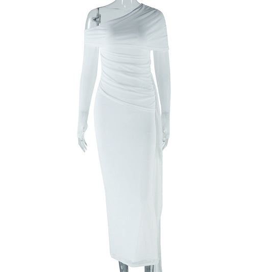 Solid Color Dress Off Shoulder Long Sleeve Mesh Stitching Dress