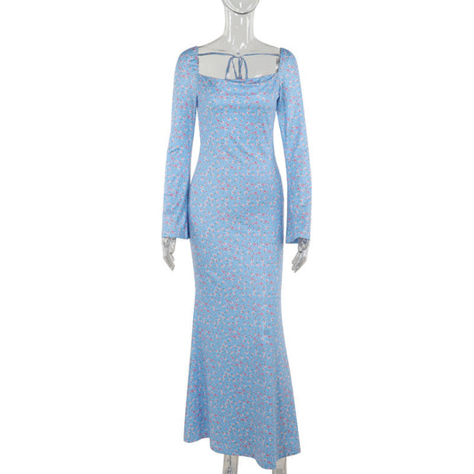 Fall Maxi Dress Elegant Slim Fit Small Horn Printed Sleeve