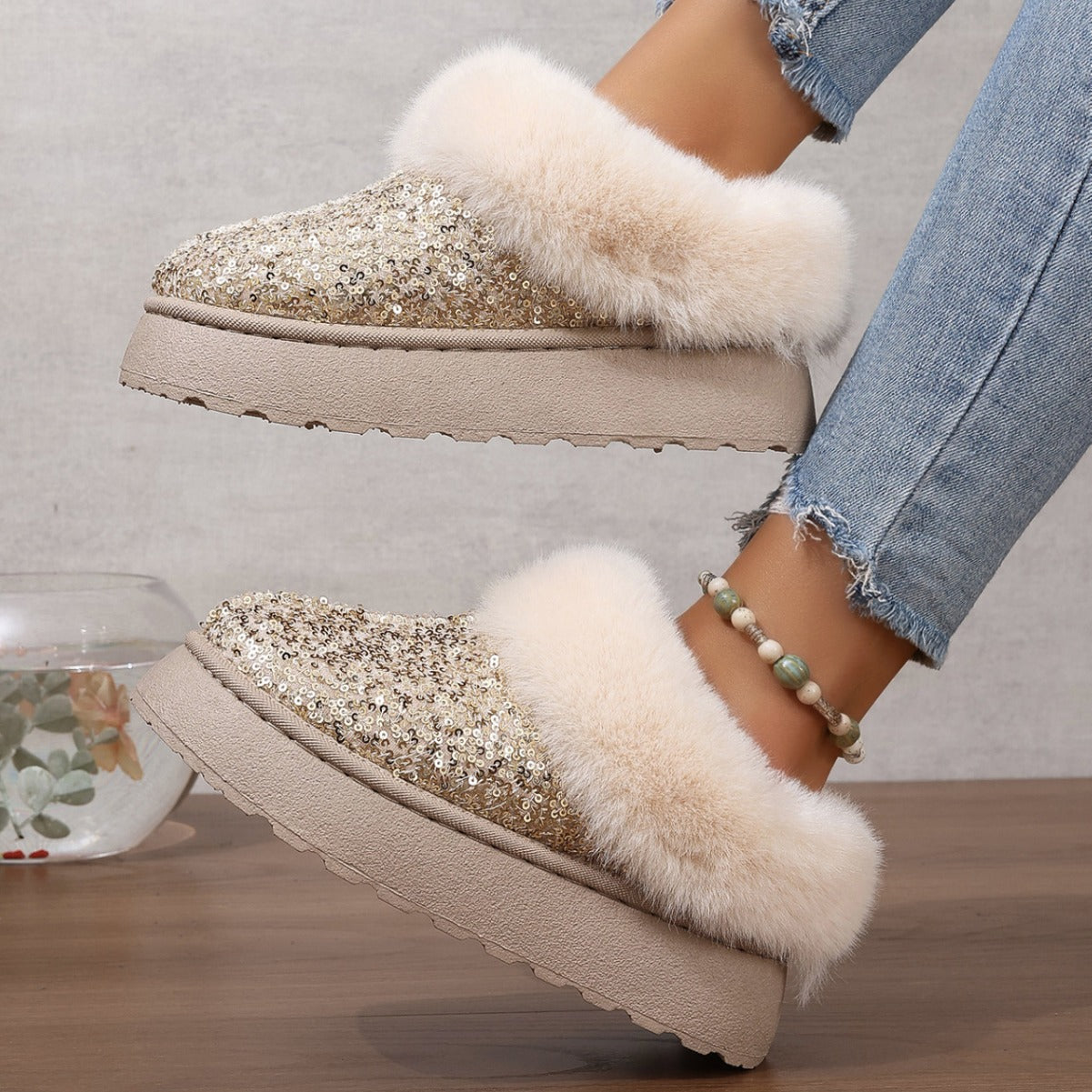 2024 Autumn Winter Plus Size Thick Sole Fur Women Snow Boots Sequin Surface Style Shoes