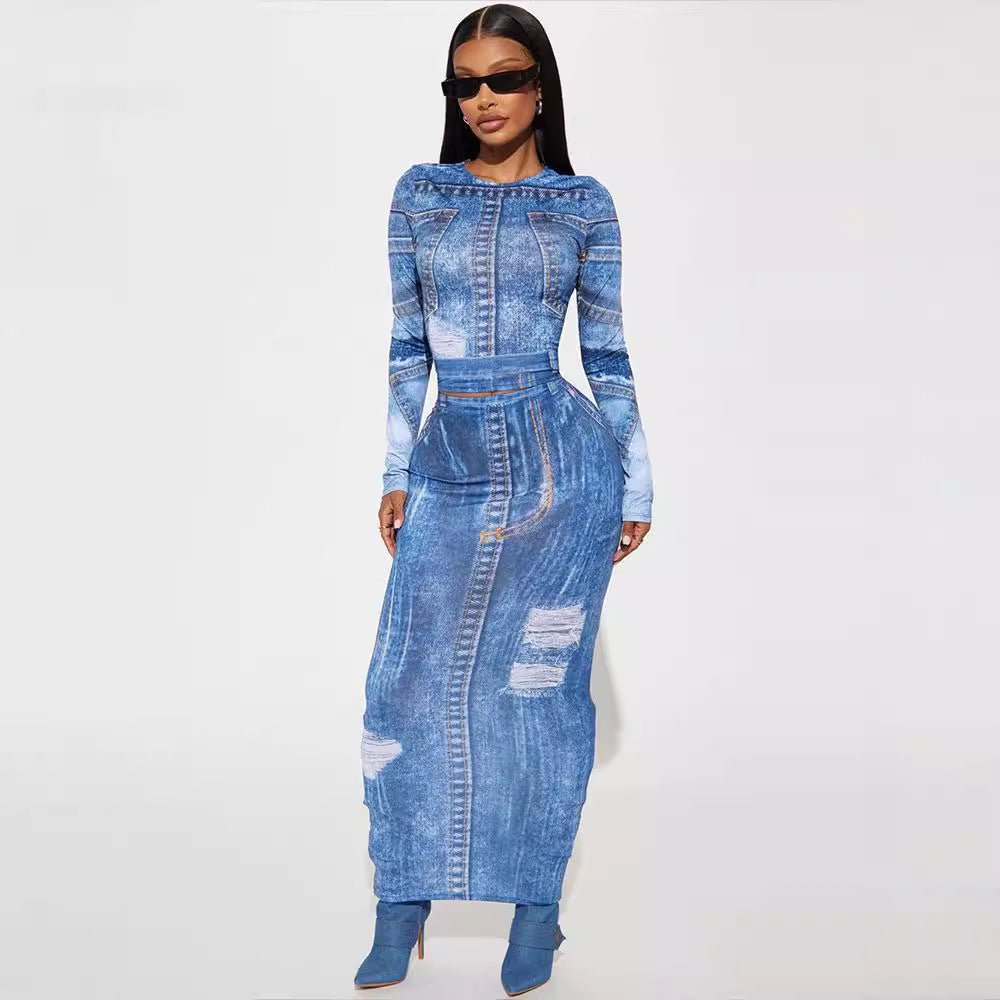 2024 Autumn New Two-Piece Denim Print Round Neck Long Sleeve Top Slim Fit Bodycon Long Skirt Suit