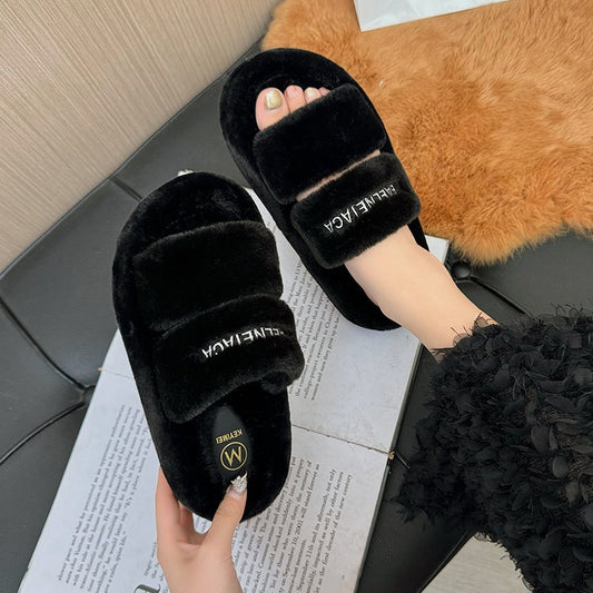 Fluffy Slippers Women Outdoor 2024 New Autumn High-End Furry Thick Sole Shoes